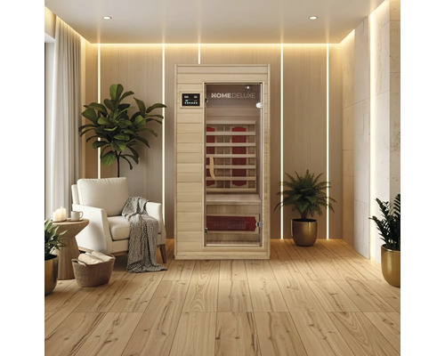 Infraroodsauna in een lichte, moderne ruimte met houten vloer en planten
