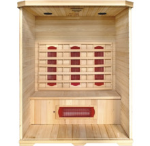 Binnenaanzicht van een houten sauna met infraroodstralers