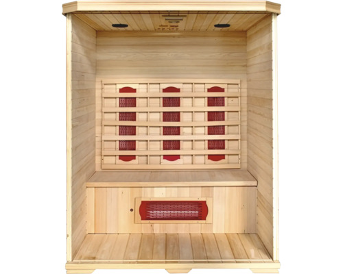 Binnenaanzicht van een houten sauna met infraroodstralers