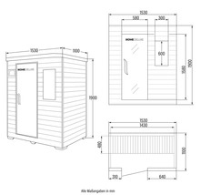Technische tekening van een Home Deluxe sauna met afmetingen