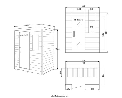 Technische tekening van een Home Deluxe sauna met afmetingen