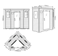 Afmetingen en aanzichten van een tuinsauna als technische tekening