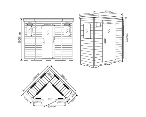 Afmetingen en aanzichten van een tuinsauna als technische tekening