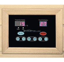 Bedieningspaneel van een sauna met temperatuurweergave, timer en Home Deluxe-logo