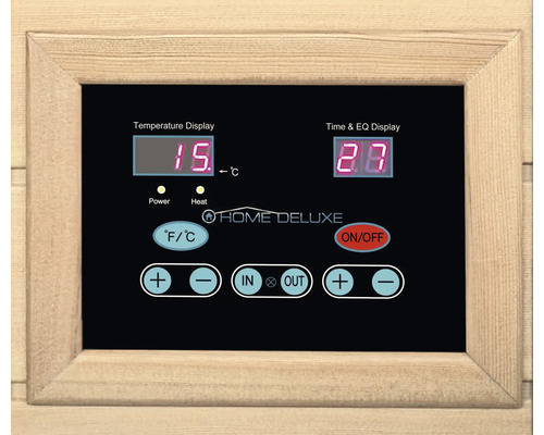 Bedieningspaneel van een sauna met temperatuurweergave, timer en Home Deluxe-logo