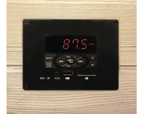 Zwarte audiomodule met digitaal display en bedieningselementen.
