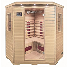 Houten infraroodsauna met glazen toegangsdeur en bedieningspaneel