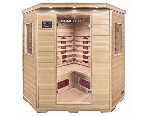 Houten infraroodsauna met glazen toegangsdeur en bedieningspaneel