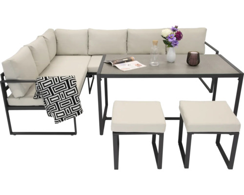 Tuinmeubelset met hoekbank, tafel en twee krukken