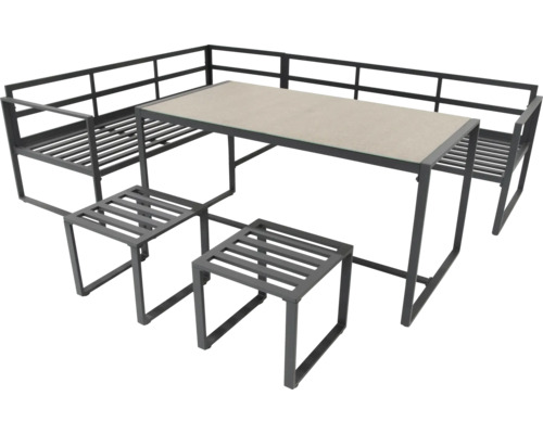 Tuinzitgroep met tafel, hoekbank en twee krukken