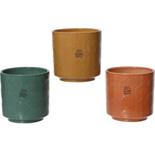 Drie keramische bloempotten met patronen