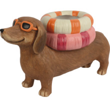 Decoratief teckelbeeld met zwemband als plantenbak