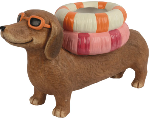 Decoratief teckelbeeld met zwemband als plantenbak