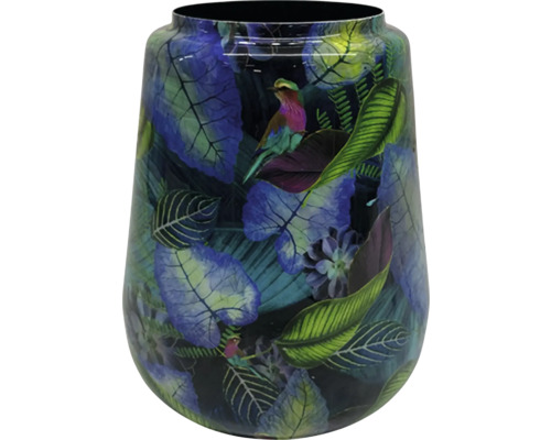 Bloempot Metaal groen blauw zwart H 24,5 cm Decoratieve bloemenvaas met vogel- en plantenpatroon