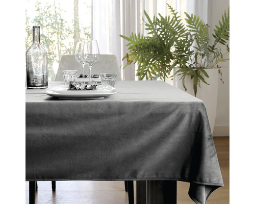 UNIQUE LIVING Tafelkleed Velours grijs 145x250 cm Grijs fluwelen tafelkleed op een eettafel met servies en decoratie