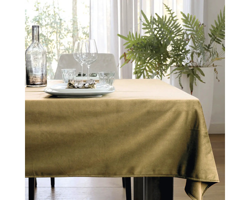 UNIQUE LIVING Tafelkleed Velours goud 145x250 cm Gedekte tafel met gouden tafelkleed, glazen, servies en decoratie