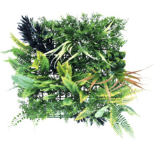 Kunstmatige plantenwand met verschillende groene tinten en bladtexturen.