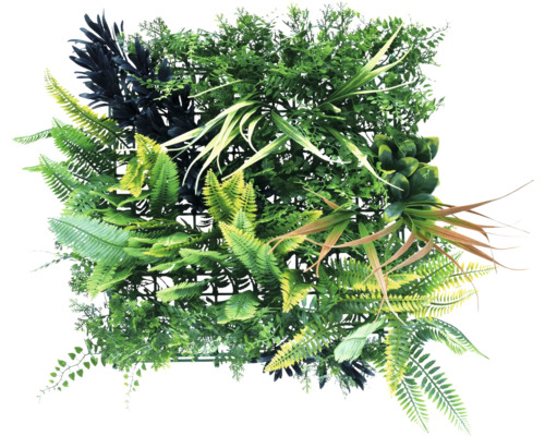 Kunstmatige plantenwand met verschillende groene tinten en bladtexturen.