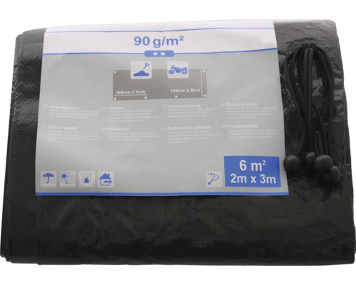 Zwart afdekzeil met een afmeting van 2 bij 3 meter en een gewicht van 90 gram per vierkante meter.