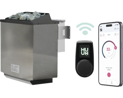 Saunakachel met stenen, bediening en smartphone-app