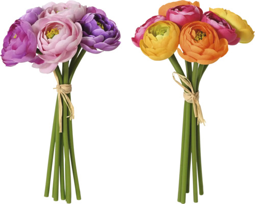EVERLANDS Kunstboeket Ranunculus H 19 cm assorti Twee boeketten kunstbloemen, gebonden met raffia