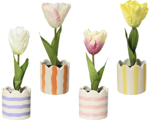 EVERLANDS Kunstplant Tulp in pot assortiment H 21 cm Vier kunsttulpen in gestreepte potten