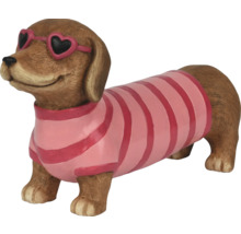 Teckel tuinbeeld met hartvormige bril en gestreept shirt