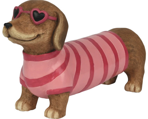 Teckel tuinbeeld met hartvormige bril en gestreept shirt