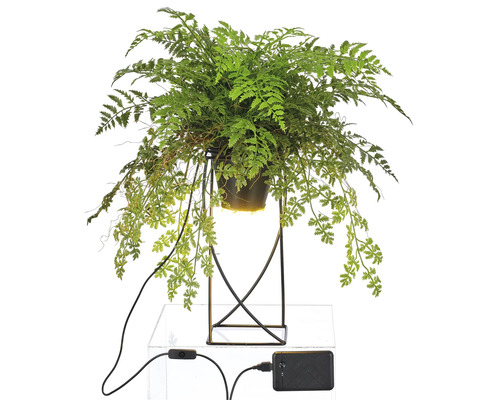 Kunstvaren in pot op metalen standaard met stroomaansluiting