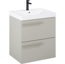 Wastafelonderkast met twee laden en zwarte kraan