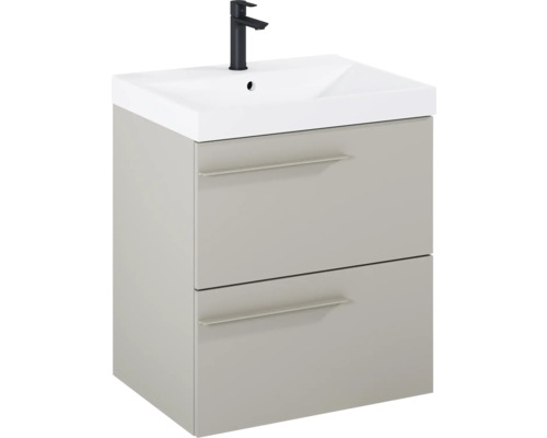 Wastafelonderkast met twee laden en zwarte kraan