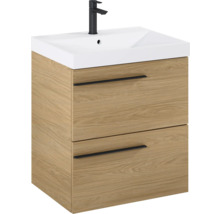 Wastafelonderkast met twee laden en zwarte kraan