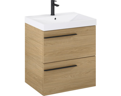 Wastafelonderkast met twee laden en zwarte kraan