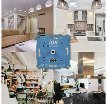 Collage van verschillende interieurs met een blauwe Ion WiFi dimmer in het midden.