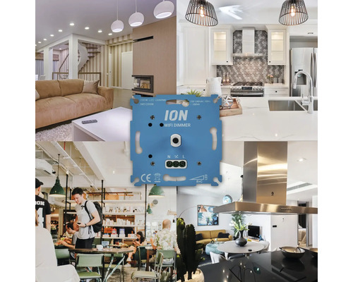 Collage van verschillende interieurs met een blauwe Ion WiFi dimmer in het midden.