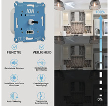 ION wifi dimmer met productfuncties en veiligheidskenmerken tegen een keukenachtergrond