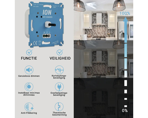 ION wifi dimmer met productfuncties en veiligheidskenmerken tegen een keukenachtergrond