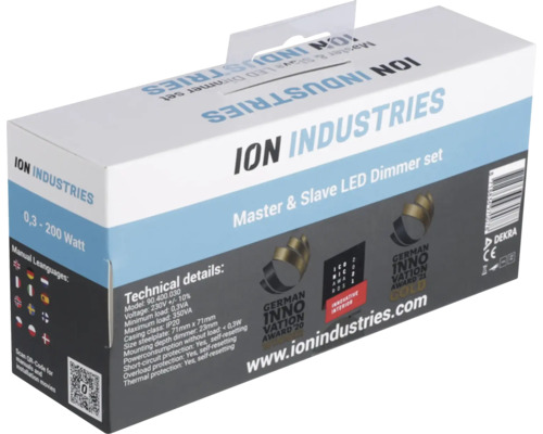 Verpakking van een Ion Industries Master & Slave LED-dimmersset met technische details en prijzen