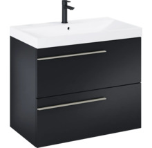 Wastafelonderkast met twee lades, zwarte kraan en witte wastafel