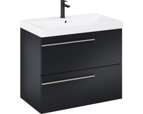 Wastafelonderkast met twee lades, zwarte kraan en witte wastafel