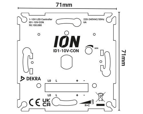 1-10V LED Controller bouwtekening met afmetingen van 71 mm