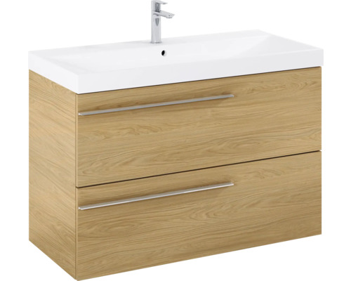 Wastafelonderkast met twee laden, houtlook en opzetwastafel