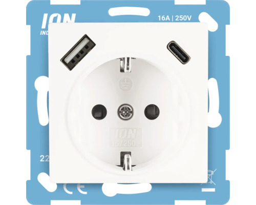 ION INDUSTRIES V1/J1 Stopcontact 1-voudig RA met USB-A en USB-C alpin wit glans Stopcontact met USB en USB-C aansluiting