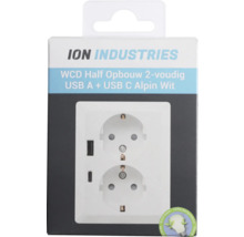ION Industries dubbel stopcontact met USB A en USB C aansluiting in verpakking