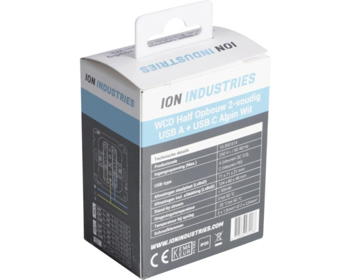 ION Industries dubbele wandcontactdoos opbouw met USB A en USB C alpinewit verpakking