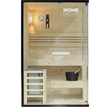 Interieur van een sauna met houten banken, saunakachel, thermometer, hygrometer, zandloper, houten emmer en opscheplepel