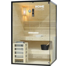Houten sauna met glazen voorzijde, banken, kachel en accessoires
