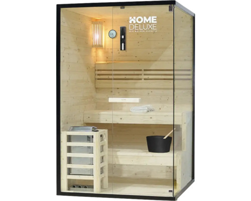 Houten sauna met glazen voorzijde, banken, kachel en accessoires