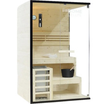 Sauna met houten interieur en glazen deur