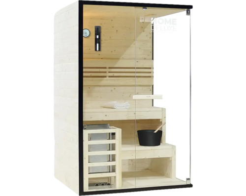 Sauna met houten interieur en glazen deur